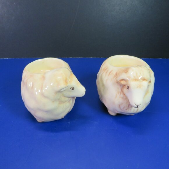 Tan Sheep Lamb (2) Tea Light Holders w Tree design on side Has Crazing Ceramic - Picture 5 of 15